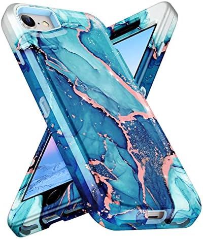 Hekodonk for iPhone SE 2022 Case,iPhone SE 2020 case,iPhone 8 7 case,Heavy Duty Full Body Shockproof Protection 3 in 1 Slim Marble Phone Case Cover for iPhone SE 2022 3rd 4.7 inch Pink Blue Marble