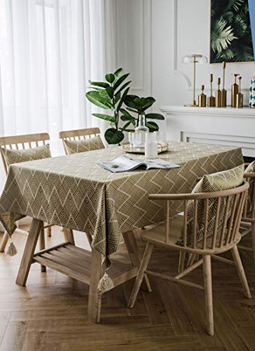 Nappe rectangulaire jacquard ondé 135x135cm jaune avec franges pour table de salon