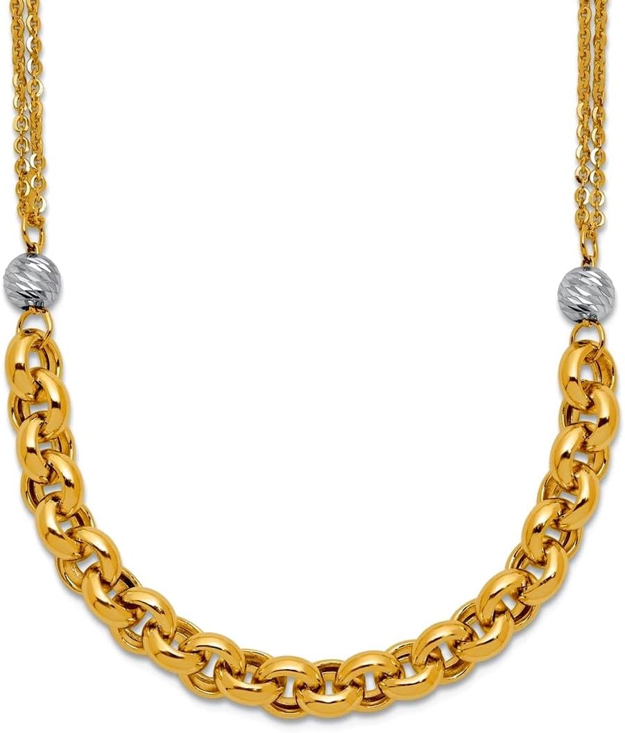 JewelryWeb 14k With White Rhodium Polished Sparkle-Cut 2-strand Rolo Link Necklace 18 Inch Strand Necklace for Women