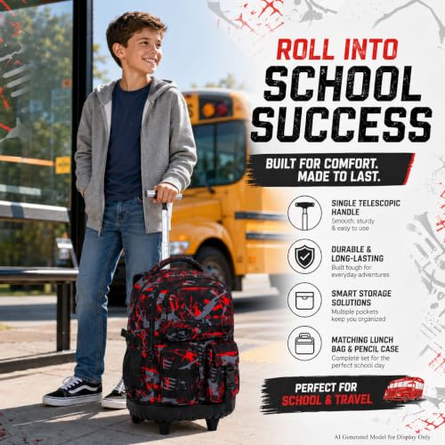 Image of CCJPX 3Pcs Rolling Backpack for Boys, Roller Wheeled School Bookbag, Graffiti Wheels Backpacks with Lunch Box for Kids (Red)