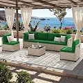 Soohow 7-Piece Patio Furniture Set, Outdoor Sectional All-Weather Wicker Patio Conversation Set for Garden, Porch, Backyard - Green Cushions