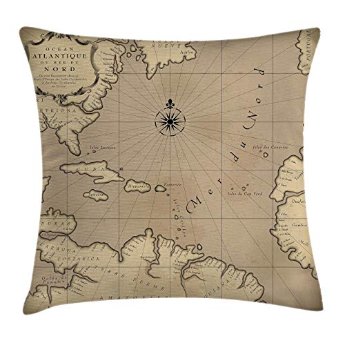 Island Map Throw Pillow Cojín, mapa geográfico antiguo, región del océano Atlántico, esquema de ubicación de la tierra, ilustración, funda de almohada decorativa con acento cuadrado, beige tostado