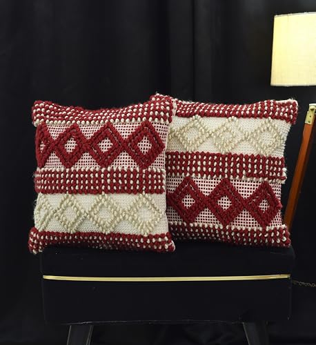 Image of TIB Premium Boho Decorative Throw Cushion Covers, 16 x 16 cm, Set of 2, Cotton. (Maroon & White Diamonds)-230 TC