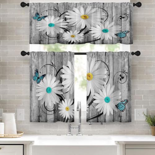 Tayney Kitchen Curtains Sets for Windows, 52x36 Inch, 3 Pack, Daisy