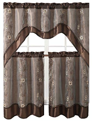 Victoria Classics Daphne Embroidered Kitchen Curtain Set Assorted Colors (Chocolate)