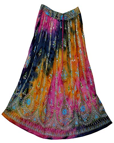Radhy krishna fashions Women's Tie Dye Yoga Trend Sequined Crinkle Broomstick Gypsy Long Skirt, Red Multi, 36 INCHES
