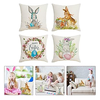 SLYGOU 4er Set Ostern Kissenbezug 45x45cm,KissenhüLle Osterdeko Hase Leinen Dekokissen Cases Home Kissenbezug 40x40 Leinen Osterhase Deko 40x40 cm Saisonnal Zierkissenbezug – Bild 4