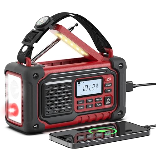 Emergency Weather Radio, AM/FM/SW/NOAA Hand Crank Radio with 10000mAH/37000mWh Portable Large Capacity, USB/Solar/Hand Crank Charging, AAA Battery Operated, SOS Alarm & Flashlight