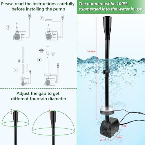 Image of 15W 800L /H Submersible Pond Fountain Pump with LED Lights, Ultra Quiet Water Pump, Pond Fountain Pumps for Small Pond, Garden, Aquarium, Fish Tank, Indoor Outdoor Fountain 3 Type Nozzle (White)