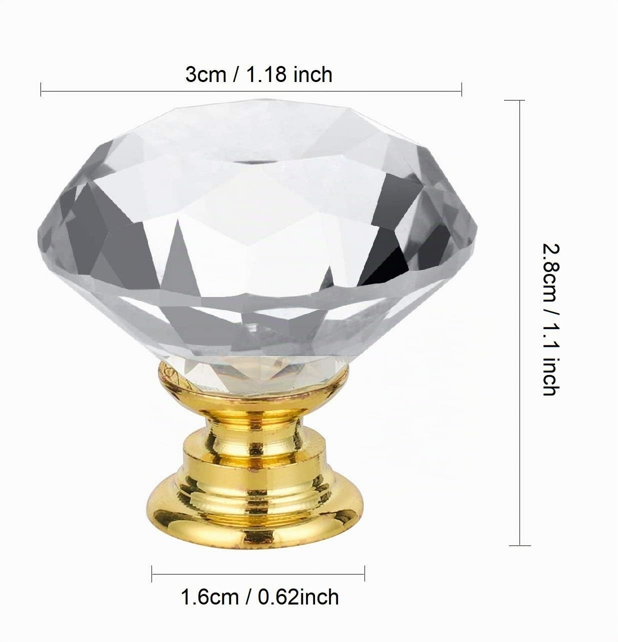20 Pcs Pomelli per Mobili in Vetro Cristallo, Maniglie per Cassetti, Credenze, Comò, Armadi - Diamante Trasparente e Base in Oro - Diametro 30 mm - con Viti in 3 Lunghezze