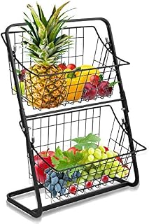 2-Tier Metal Fruit Basket Stand for Kitchen, VASZOLA Mini Countertop Multipurpose Storage Rack Hanging Basket Organizer for Vegetables, Household Items, Toiletries (Black)
