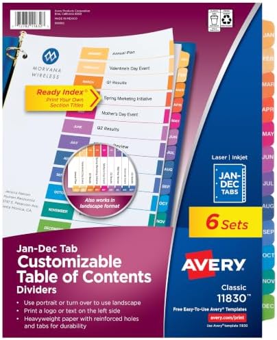 Avery Monthly Dividers for 3 Ring Binders, Customizable Table of Contents, Multicolor Tabs, 6 Sets (11830)