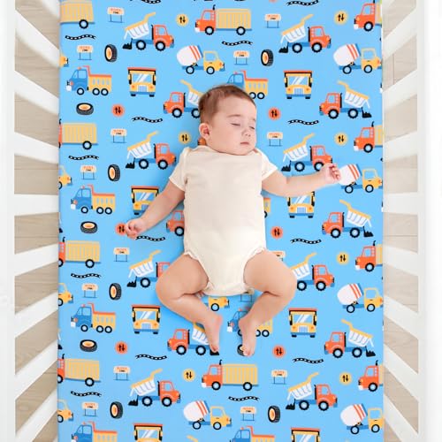 Image of JISEN Baby Crib Sheets Soft Breathable Fitted Crib Sheets for Standard Crib and Toddler Mattress Baby Bed Sheets for Crib for Boys Girls Neutral 52x28 Inch Blue Trucks