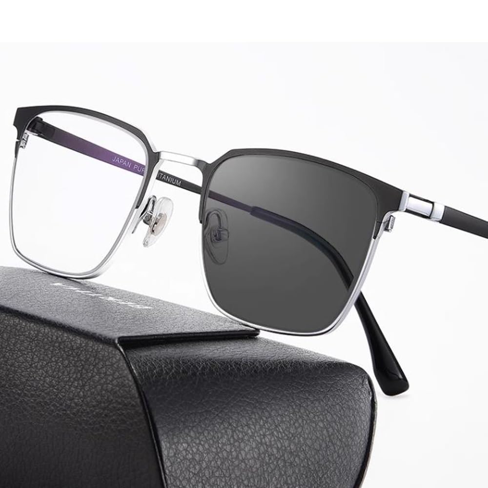 Titanio Gafas de Lectura Fotocrómico Gafas de Sol HD Gafas de computadora Moda Ultraligero Rectangulares Negro Marco,Hombre(Size:+3.0)