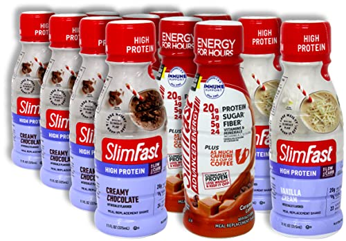 Slim Fast Protein Meal Replacement shakes | Slim Fast High Protein Shake | Creamy Chocolate, Vanilla Cream, and Caramel Latte Flavors | 12 Pack | Sampler Pack | Niro Assortment