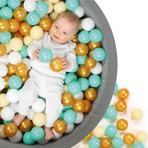 LUDI — Runder Ballpool aus Schaumstoff — Ø 90 cm x H 30 cm — für Babys ab 6 Monaten — 100 Bälle — weicher und waschbarer Stoff — graue Farbe — fördert motorische Fähigkeiten und Koordination
