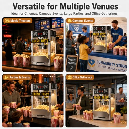 Image of 38 Oz Commercial Popcorn Machine, Large Popcorn Maker Machine, Movie Theater Countertop Pop Corn Machine with 3-Switch Control & Tempered Glass Doors, Black