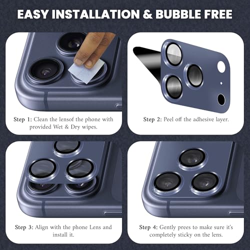 Image of ArmourPro Camera Lens Protector for iPhone 17 Pro 6.3-Inch, Full Coverage 9H Tempered Glass Ring Cover, Matte Metal Plate, Case Friendly | Deep Blue, Pack of 1