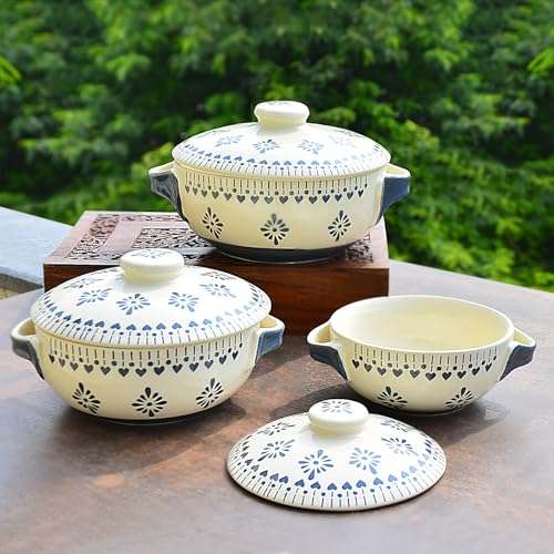 Image of StyleMyWay Hand Painted Large Ceramic Serving Donga Set for Kitchen with Lid and Handle (Set of 3, White and Grey, 1200 ml, 1000 ml, 800 ml) | Casserole Set | Dinner Serving Bowls with Lid