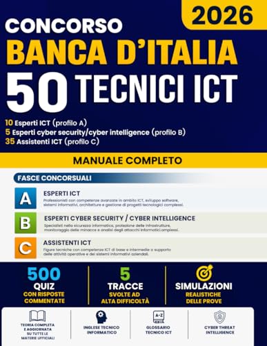 Concorso Banca d’Italia 50Tecnici ICT 2026: Il manuale unico per superare il concorso al primo tentativo: teoria semplificata, 500 quiz commentati e 5 tracce ad alta difficoltà già svolte”