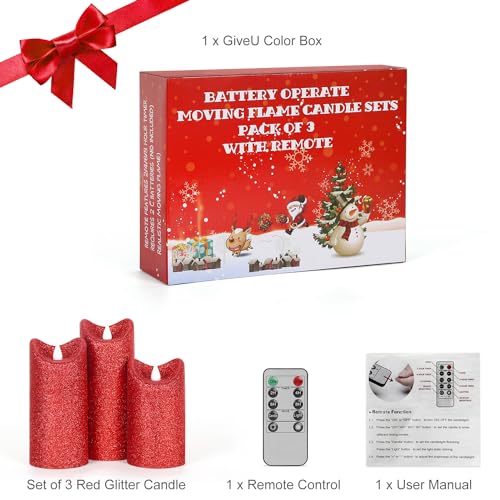 Image of Pack of 3 Red Glitter Candle 3D Moving Flame LED Candles,10-Key Remote, Battery Powered Flameless Candle with Timer, Home Decor Bedroom, Hallway, Wedding Events