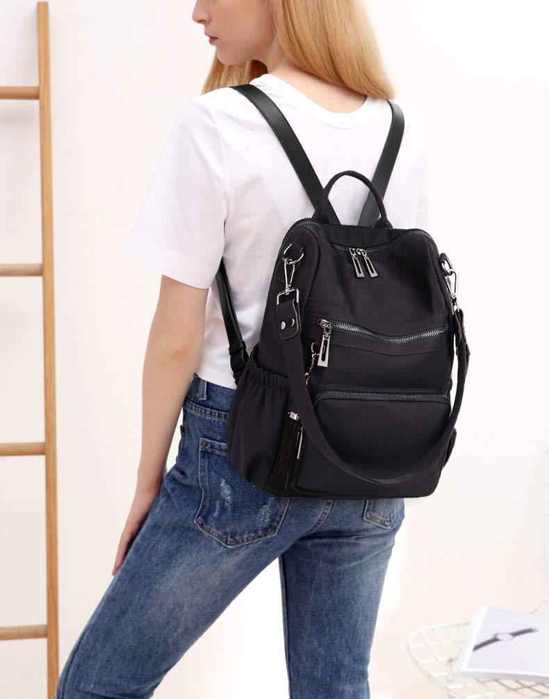 UTO Women Backpack Purse Nylon Fabric Ladies Fashion Designer Rucksack Convertible Travel Shoulder Bag with Tassel Black
