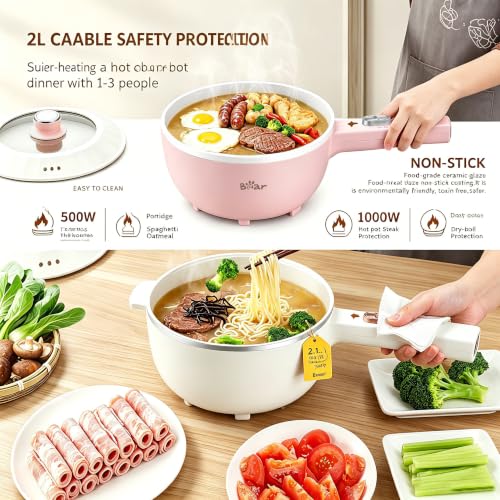 Image of Bear 2L Non-Stick Hot Pot,1000W | Multifunctional Portable Cooking Pot, Rapid Noodles Electric, Non-Stick Frying Pans for Steak, Egg, Ramen, Oatmeal