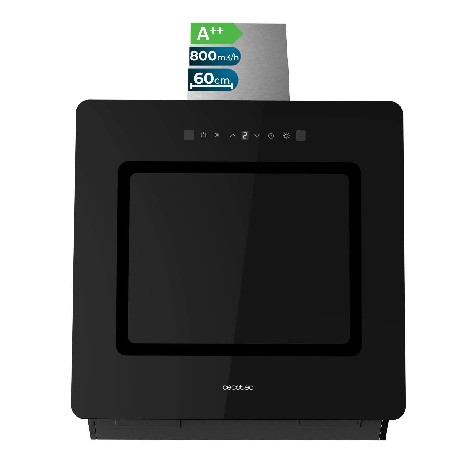 Cecotec Campana Extractora Decorativa 60 cm Bolero Flux DT 608002 Glass Black A++, 210W, Iluminación LED, Succión 800m3/h, Control Táctil, 3 Niveles, Filtro Carbono, Hand Movement, Delay Function