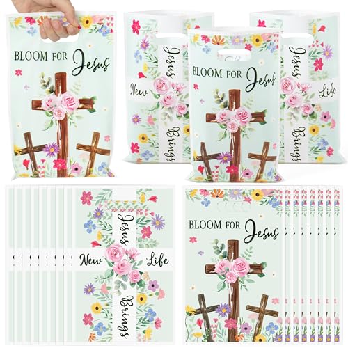 Spring Religious Party Favor Bag - 50Pcs Christian Cross Bible Floral Goodie Candy Treat Gift Bags Spring Flower Religious Party Supplies for Birthday Valentine's Day Easter Sunday School Church Gift