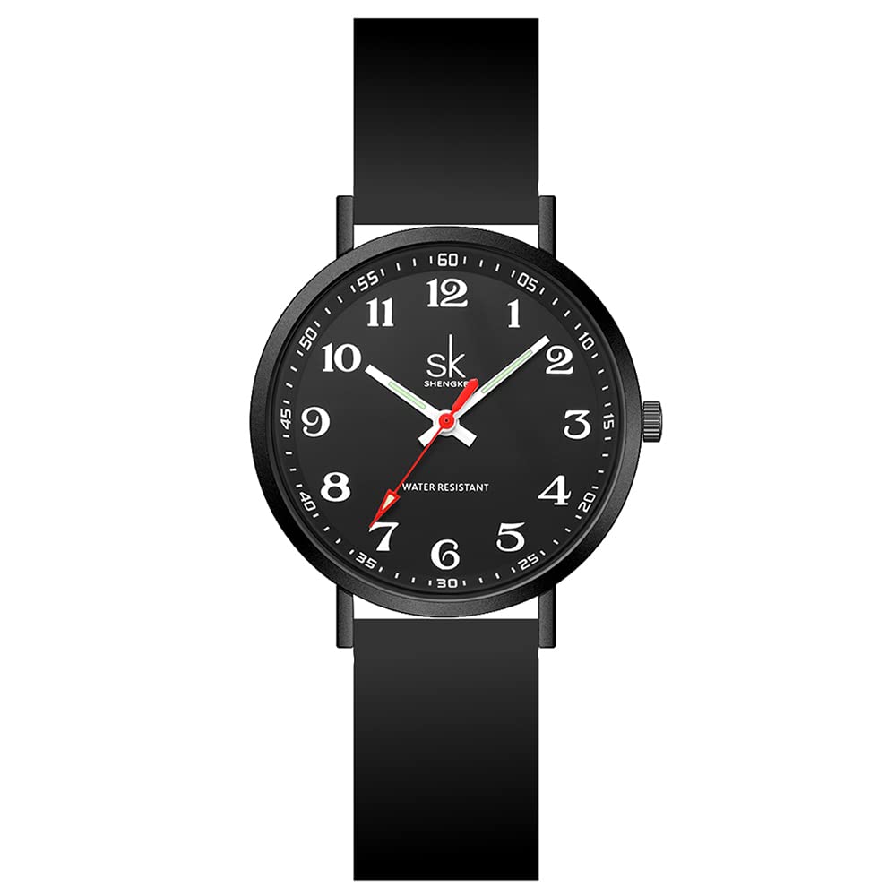 SHENGKE Reloj deportivo casual para mujer, resistente al sudor, con esfera de fácil lectura y correa de silicona, resistente al agua, Todo negro, Japonés