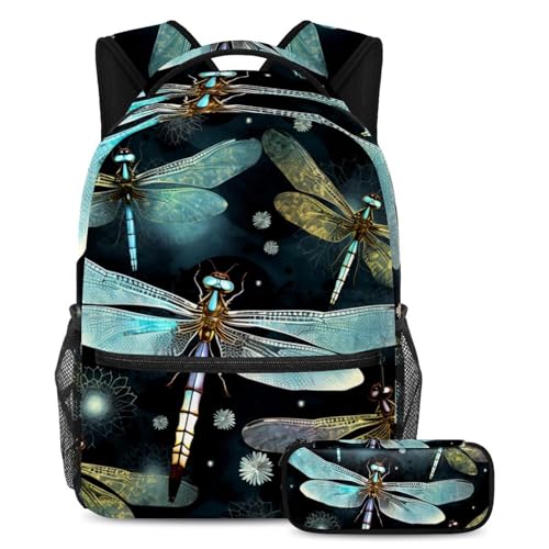 Cartable grande capacité Libellule bleue avec trousse pour adolescent
