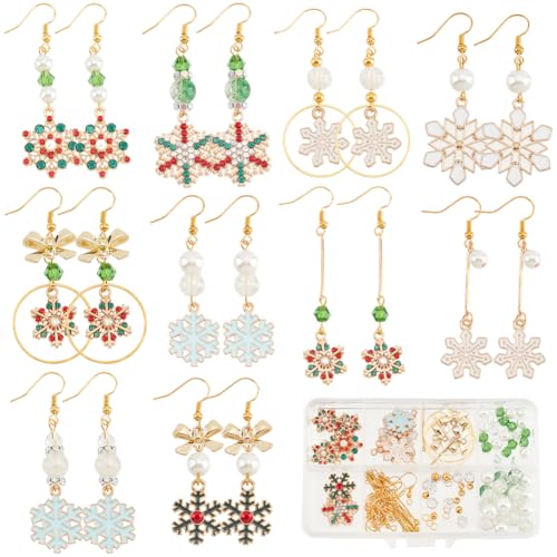 SUNNYCLUE 1 Box DIY 10 works Christmas Charms Rhinestone Snowflake Charms Earrings Making Kit Enamel Snow Bowknot Connector Bar Links Glass Beads Earring Hooks for Jewellery Making Kits