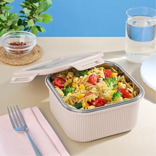 Image of Larah by BOROSIL Freshbyte Food Storage Container with Airtight Stainless Steel Lid | Fridge Container for Lunchbox | Food Grade | Microwave Safe (Beige, 800 ml, Square)