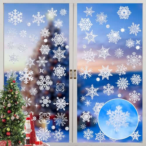 SCIONE 93Pcs Glitter Snowflake Christmas Window Stickers, 9 Sheets Christmas Window Decorations for Party Supplies Resuable Double Sided Static Snowflake Christmas Window Clings for Home