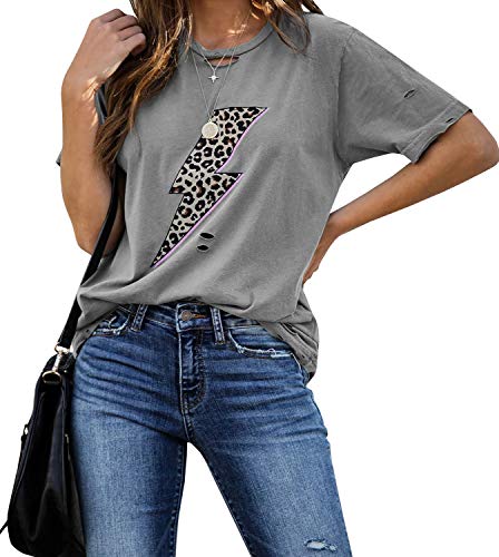 Auburet Womens Leopard Lightning Print T-Shirt Summer Short Sleeve Crewneck Ripped Casual Shirt Tops
