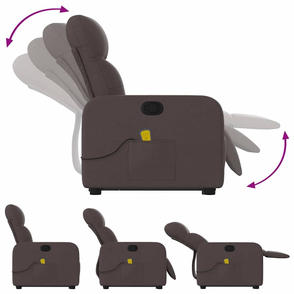 Sillón de masaje con ayuda para levantarse, funda de tela marrón oscuro, 6 puntos de vibración, función reclinable manual, cómodo sillón tapizado con reposabrazos, ideal como sillón de