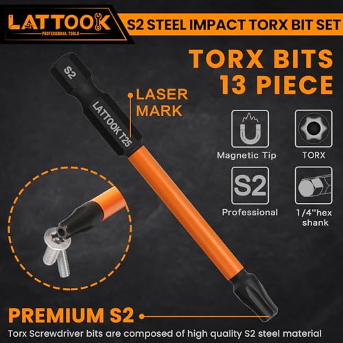 Impact Torx Bit Set, LATTOOK 13PCS Security Torx Bit Set, Tamper Proof Star Bit Set, Magnetic S2 Steel, 3'' Long, T10, T15, T20, T25, T27, T30, T40, T50, T55 by LATTOOK - Image 3