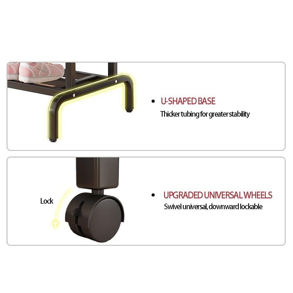 Wolnostojący wieszak na ubrania na kółkach – minimalistyczny, dwurzędowy metalowy stojak na ubrania do zawieszenia, wielofunkcyjne rozwiązanie do przechowywania do sypialni i butów