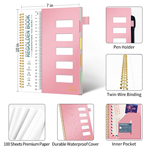 Regolden-Book 5 Subject Notebook College Ruled With Pocket And Dividers, Multi Subject Spiral Composition Notebook For School Supplies, Home & Office, Cornell Notes Notebook, 200 Pages, 7X10, Pink #TOP3