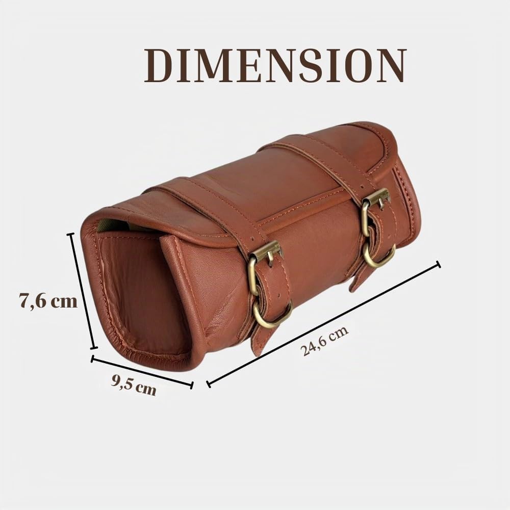 Sac à Outils Moto en Cuir de chèvre Authentique 25 cm, Vintage, avec 2 Sangles et Fermeture à Boucle à dégagement Rapide renforcée pour Guidon/Fourche/Sissy Bar, idée Cadeau de Noël/Nouvel an, Marron