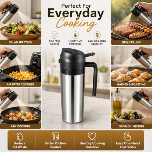 Image of Stainless Steel Oil Sprayer and Dispenser Bottle | Leak-Proof | 500ml 2-in-1 Dual-Function Oil Bottle with Ergonomic Handle for Air Fryer, Cooking, Salads, BBQ & Baking Black (Pack of 01)