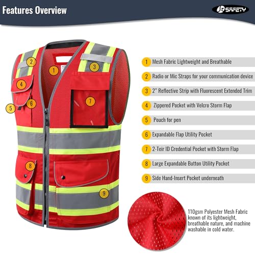 Image of JKSafety 11 Pockets Hi-Vis Black Mesh Safety Vest for Men Women High Visibility Reflective Construction with Zipper Work Utility PPE Work Gear ANSI /ISEA compliant (102-Red M)