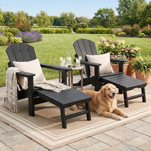PASAMIC Folding Adirondack Chairs Set of 2 with Ottoman 5-Position Adjustable Backrest HDPE All-Weather Fire Pit Chairs with 2 Hidden Cup Holders Black