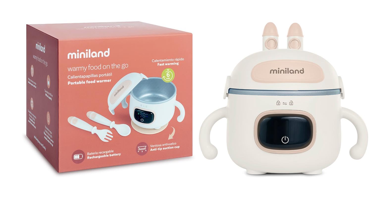 Miniland Scaldabiberon Portatile Senza Fili 7500mAh, Scalda Pappa Portatile Neonato da Viaggio e Scaldavivande a Batteria, Kit Svezzamento con Posate, Display LED, 3 Temp | Warmy Food On the Go