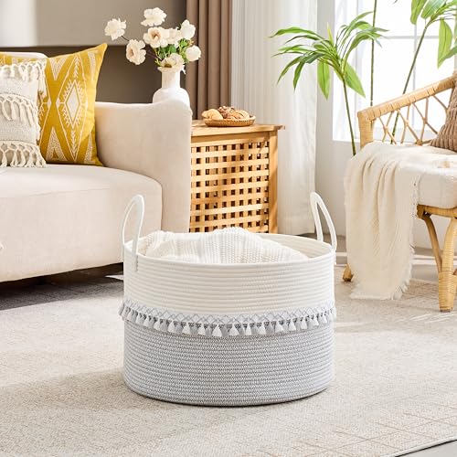 Image of KAKAMAY Cotton Rope Storage Basket (20 inchx13 inch),Woven Hamper for Blankets,Toys,Pillows,Clothes,Laundry,Sturdy Handles Decorative Basket for Living Room, Bedroom,Nursery(Grey /Black)