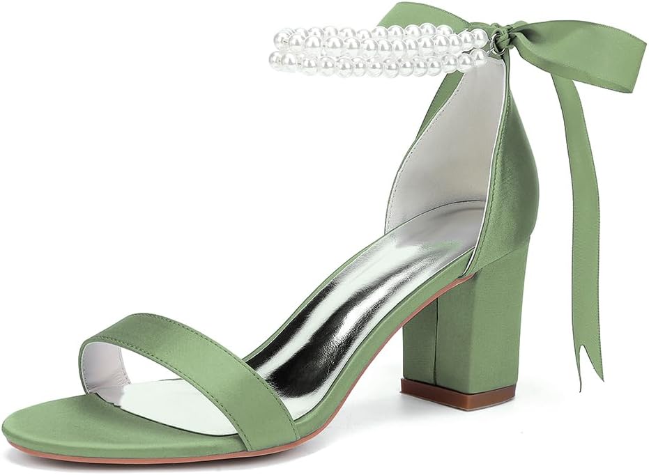 Wome's Open Toe Pearl Wedding Shoes High Heels,Satin Block Heel Ankle Strap Wedding Sandals,Chunky Heel Bridal Shoes Pumps