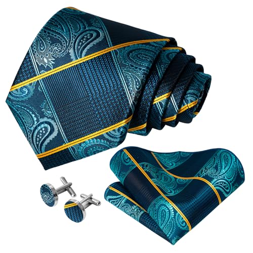 Image of 5PCS Mens Premium Silk Tie, Pocket Square, Cufflinks, Drilled Tie Ring and Lapel Pin Set for Wedding Groom Party