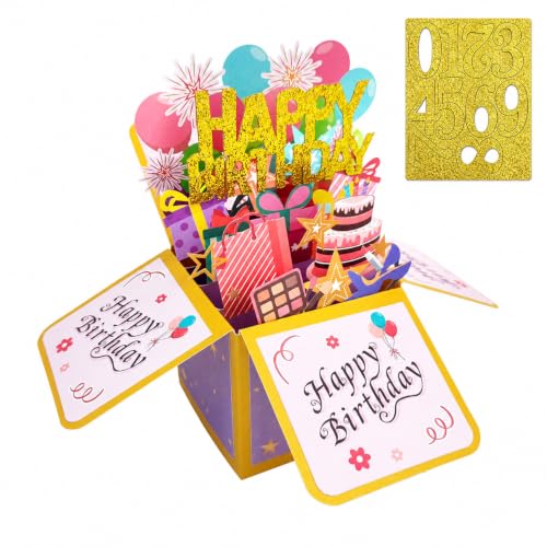 ROBBEAR Happy Birthday Pop Up Card with Birthday Age Design, DIY Card Highlight Birthday Milestone, 3D Birthday Gift Box for Adults and Kids with Envelopes, A Unique Card for Daughter, Son, Mom, Dad, Friend