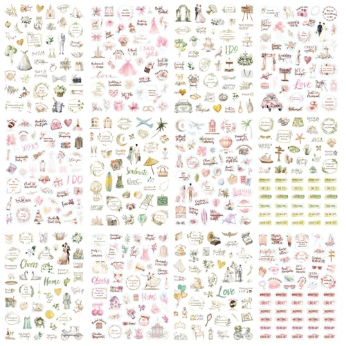 BSITSSS 12 Hojas Pegatinas Boda, Verde Rosa Pegatinas Scrapbooking, Stickers Aesthetic Para Álbum de Fotos, Decoración, Tarjetas de Felicitación, Aniversario