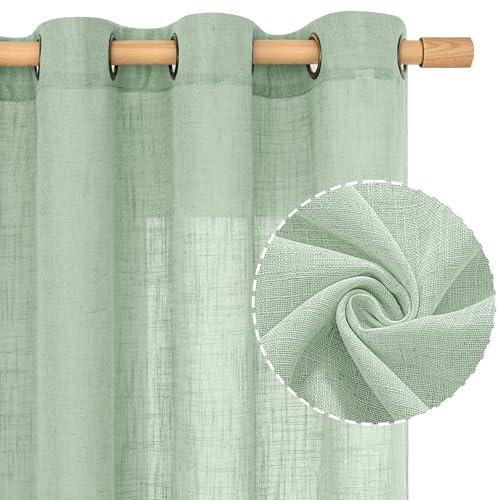 Image of LAMIT Fresh Green Linen Sheer Curtains 63 Inch Length for Bedroom, Light Filtering Panels with Bronze Grommet for Living Room Faux Linen Textured Spring Decor Drapes, 2 Panels, 34 X 63 Inch